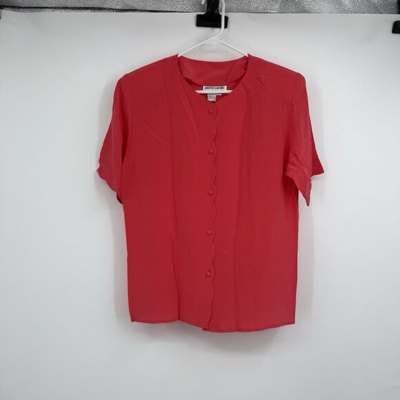 Womens Pierre Cardin Red 100% Silk Button SS Holiday Business Career Scallop - Picture 1 of 11